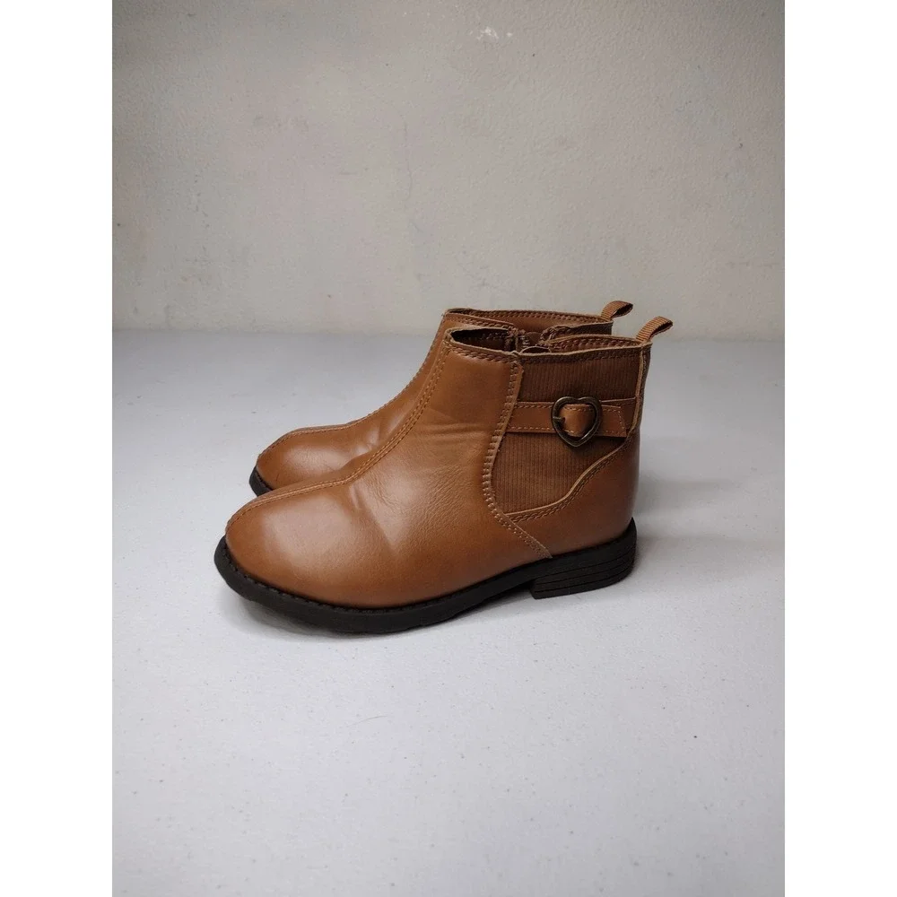 Carters Girls Cognac Brown Faux Leather Heart Buckle Ankle Boots Size 12 Kids